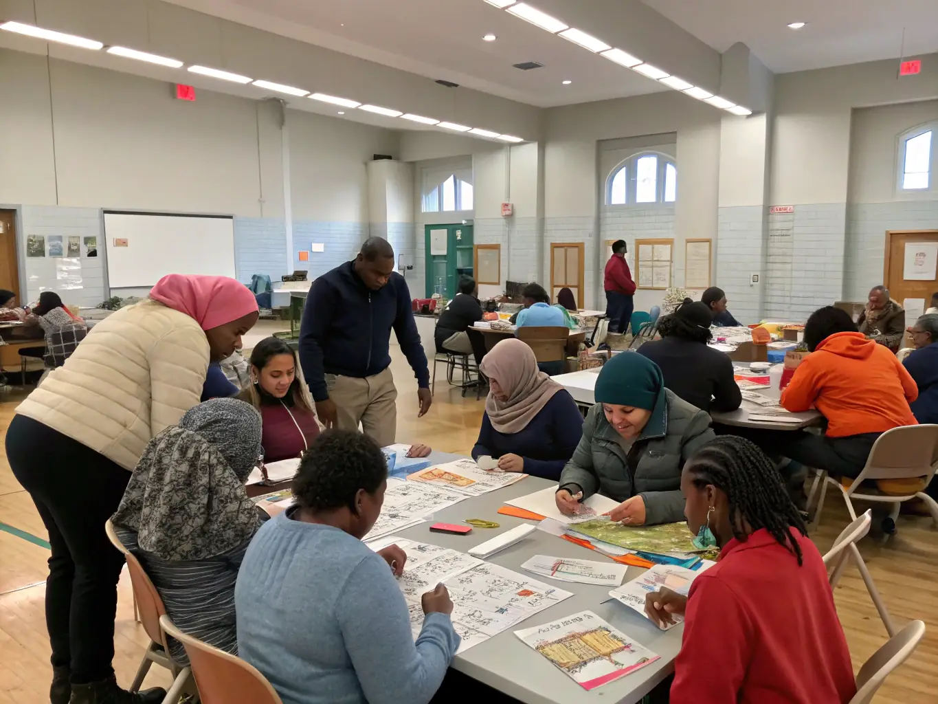 An image showing volunteers engaging with community members during a workshop in a local community center.