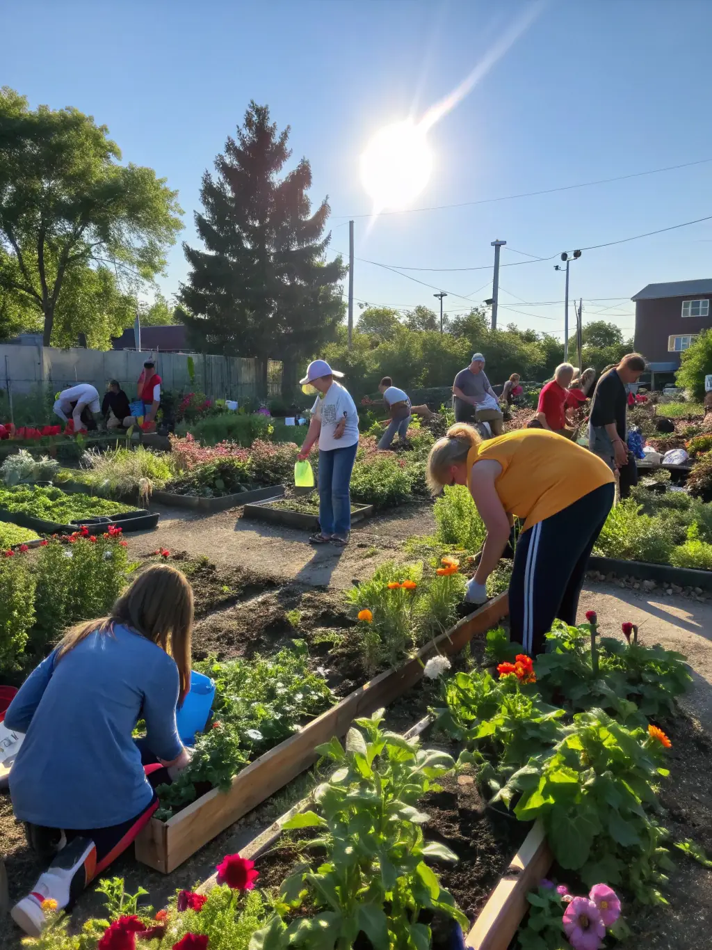 A photo showcasing a community garden project initiated by ImpactBridge, where residents are growing fresh produce together, promoting healthy eating habits and community collaboration.