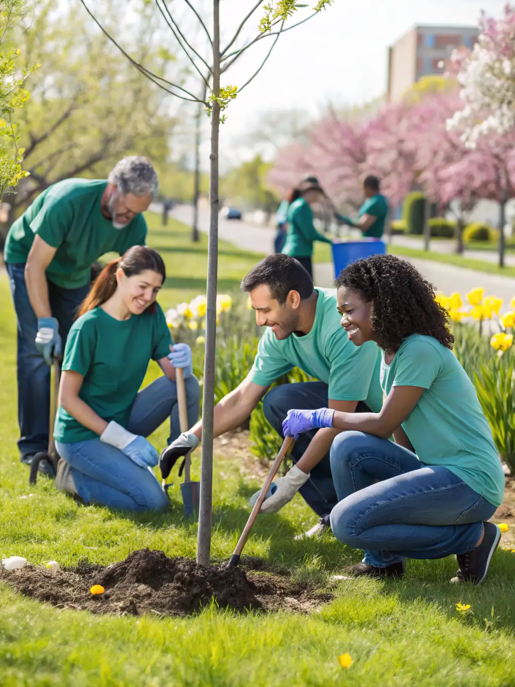 A photograph capturing a group of diverse community members participating in a clean-up event organized by ImpactBridge, showcasing their commitment to environmental sustainability and community beautification.