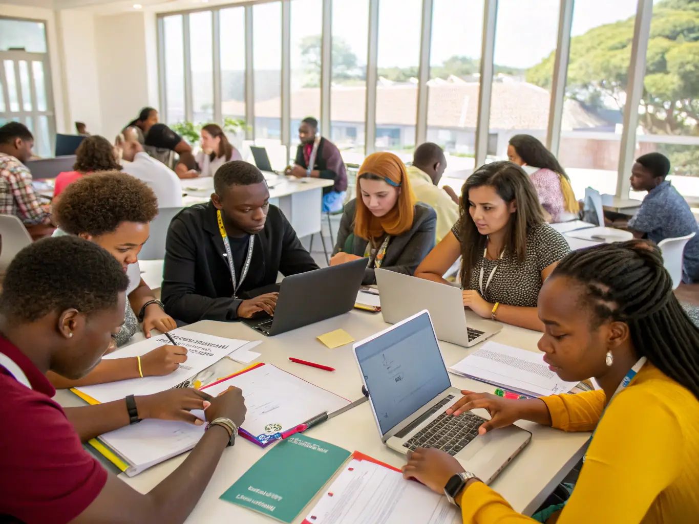A photograph capturing a group of young adults participating in a leadership training session, set in a modern, well-equipped conference room.