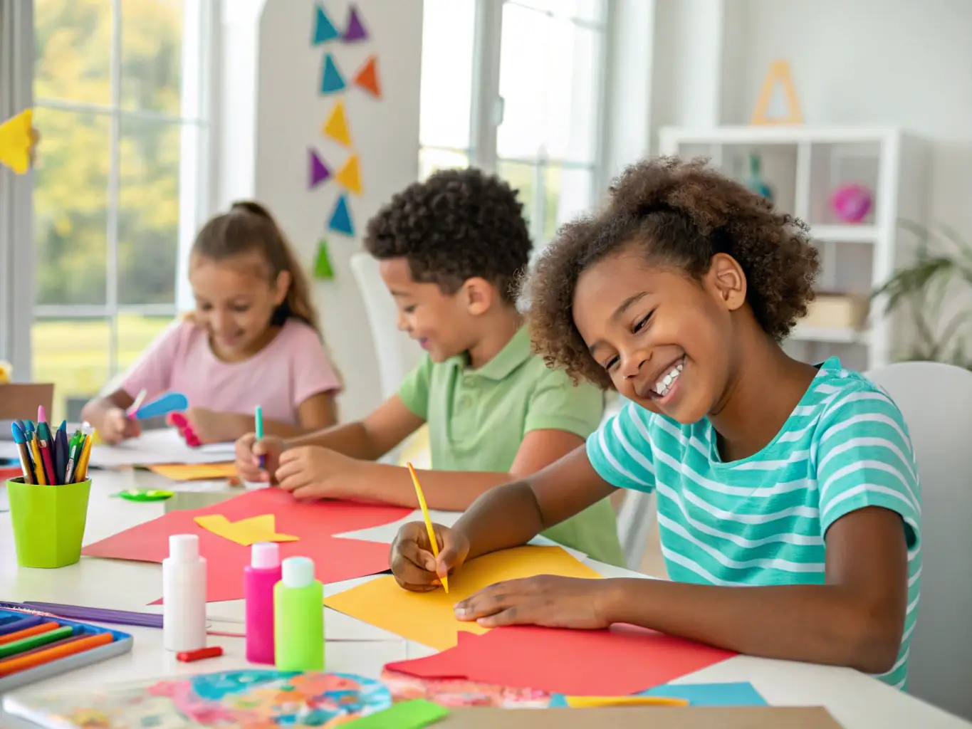 A vibrant image of children participating in an arts and crafts session, with colorful artwork displayed in the background.